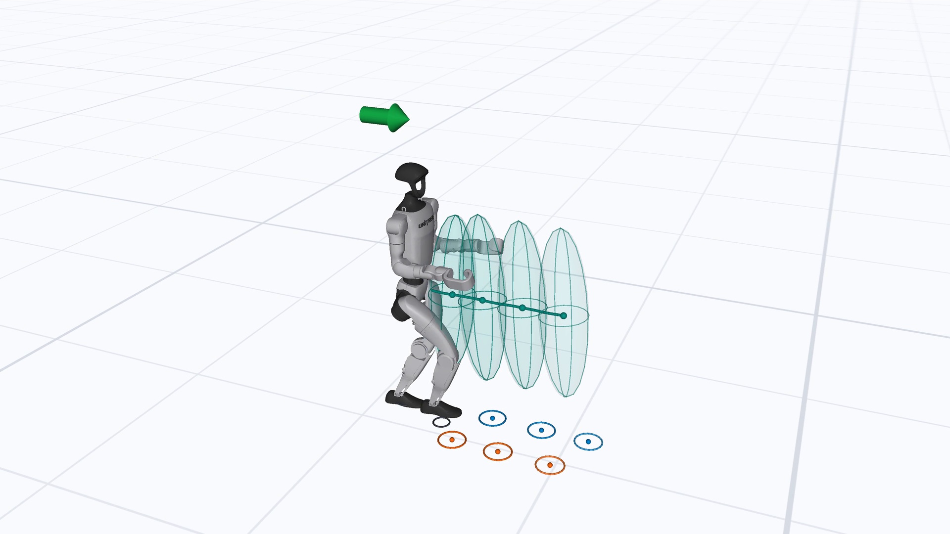 Force teacher walking with the full footstep-circle horizon and predicted body-motion ellipsoids