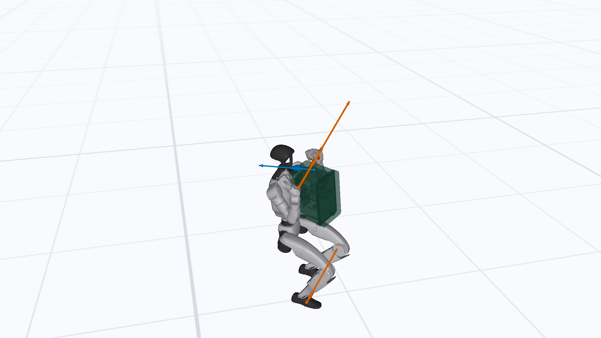 Frozen robot with a translucent dark-green fridge and force arrows at arm contacts and the ground