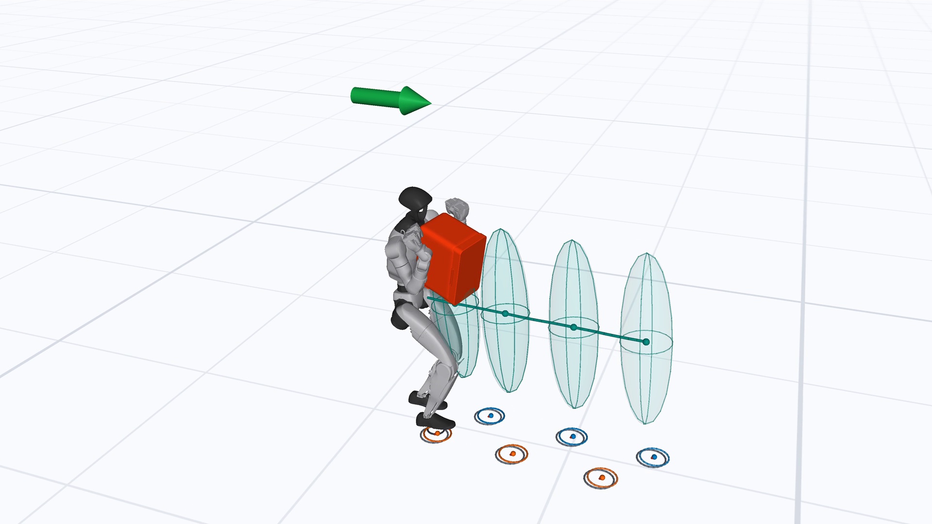 Grasp teacher walking with an opaque orange fridge in front of the torso, with footstep circles and predicted body-motion ellipsoids